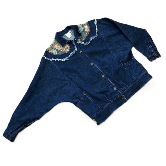 Tapestry Denim Jacket Dark Jean Horse Wagon Pattern Vintage 80s Made in Canada - Picture 2 of 8